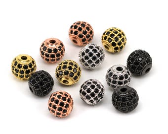 2PCS 8mm Round ball bead Micro Paved Beads,Black Cubic Zirconia CZ beads,Women Bracelet Charms Spacers Black Stone Beads