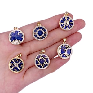 Luxury Lapis Lazuli Round Pendant Jewelry Star Of David Compass Moon Pendant Charm Accessory Brass Inlaid Zircon Stone DIY Necklace Pendant