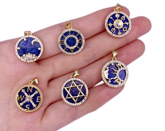 Luxury Lapis Lazuli Round Pendant Jewelry Star Of David Compass Moon Pendant Charm Accessory Brass Inlaid Zircon Stone DIY Necklace Pendant