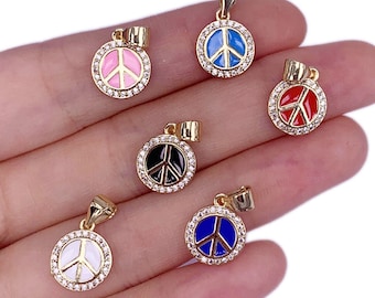 New Designed Round Copper Inlaid With Zircon Enamel Pendant 18K Gold-Plated Peace Sign Charm Necklace Pendant For DIY Jewelry Accessories