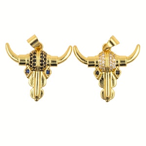 2Pcs Gold Bull Head Jewelry Pendant Skull Charm Accessories Copper Inlaid Zircon Cow/Horse&#39;s Head Necklace Pendant For DIY Jewelry Making
