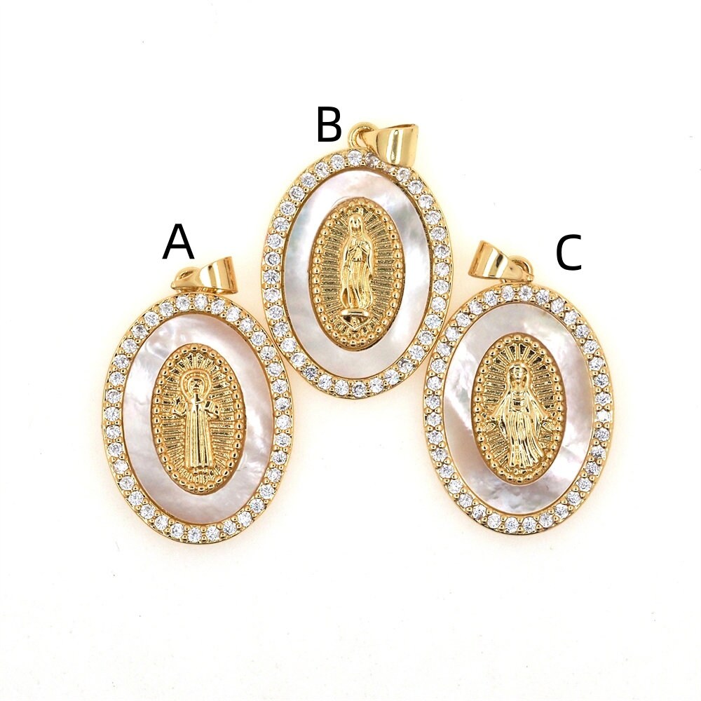 Oval Jesus Virgin Mary Necklace Pendant Jewelry Gold Brass Pave CZ ...