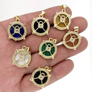 18K Gold Runde Achteck-Verschluss Anhänger Zubehör Malachit / Shell / Achat / Lapis Lazuli Stein Kupfer Pave CZ Karten Anhänger DIY Zirkon Schmuck