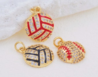 Exquisite Ball Charm Pendant Jewelry Accessories,Gold Plated Brass Inlaid Zircon Baseball Volleyball Necklace Pendant For DIY Jewelry Making