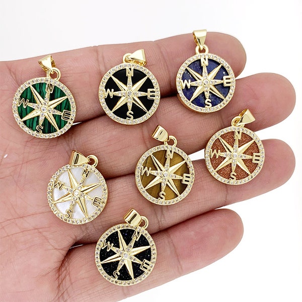 Originality North Star Compass Pendant Gold Round Pave Lapis Lazuli Shell Natural Stone Necklace Pendant Accessories For Women Charm Jewelry