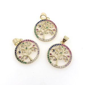 Nuevo colgante de circonita cúbica de circonita cúbica de colores pavé de cobre y oro de 18 quilates, accesorio redondo y colorido con forma de árbol de la vida, colgante para hacer joyas DIY