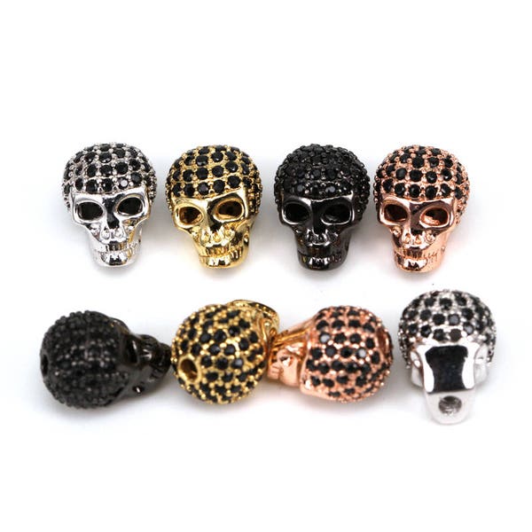 Black 2pcs head Skull bead , Micro Pave Bead / CZ Bead / Black Nami Cubic Zirconia metal skull head beads,Men Bracelet Charms jewelry making