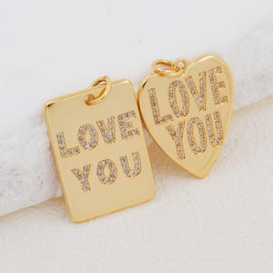 2 peças 18K ouro te amo carta colar pingente jóias cobre pavê zircão cúbico retângulo coração charme pingente acessórios para jóias faça você mesmo