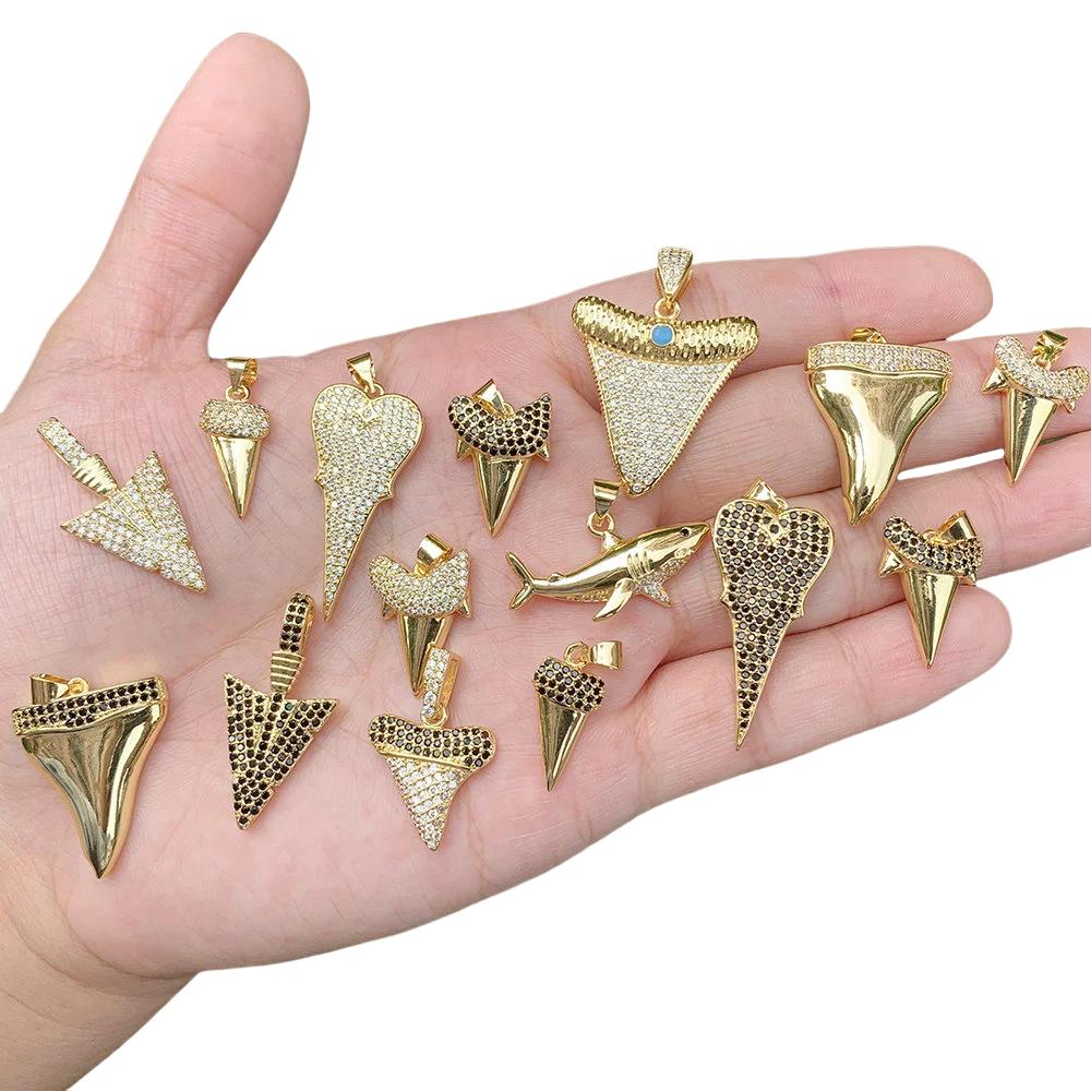 Original Design Shark Teeth Jewelry Pendant Brass Plating Gold Embed Zircon Charms Necklace Pendant Accessories DIY Fashion Jewelry Making