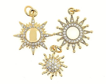 2 pezzi Ciondolo a forma di sole rotondo alla moda, gioielli in ottone con pavé di zirconi cubici, accessori per collana con ciondolo a forma di sole per la creazione di gioielli fai da te