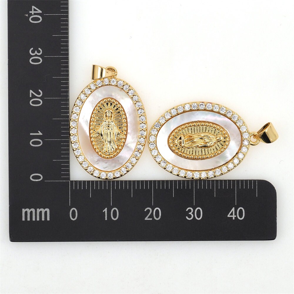 Oval Jesus Virgin Mary Necklace Pendant Jewelry Gold Brass Pave CZ ...