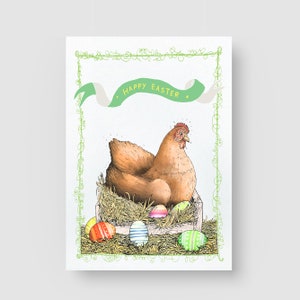 Happy Easter. Postcard. Happy Easter Greeting Card. Hen. Easter eggs. A6