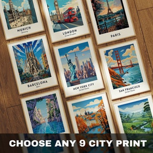 Custom Set of 9 City Prints, Travel Art, Any Nine Locations, Personalized City Prints, Set of  Wall Prints, Travel Posters, Digital Download