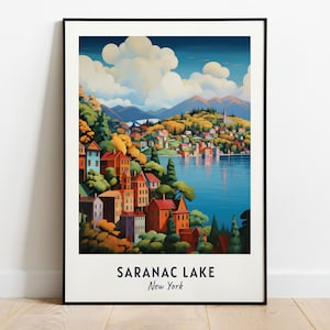 Saranac Lake Travel Poster Saranac Lake New York Wall Art New York Print Cityscape Artwork Travel Wall Decor Digital Download Travel Gift