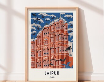 Póster de viaje de Jaipur, Hawa Mahal (Palacio de los Vientos), arte mural, impresión de la India, paisaje urbano, decoración de pared de viaje, descarga digital, regalo de viaje