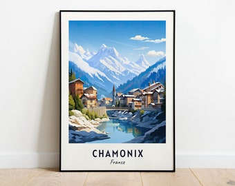 May include: A colourful illustration of a mountain village in Chamonix, France. The village is nestled in a valley with snow-capped mountains in the background. A river flows through the village, and there are trees and rocks on the banks. The text "Chamonix, France" is printed below the image.