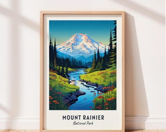 Mount Rainier National Park Print, Mountain Stream and Wildflower Wall Art, Landscape Travel Poster, Printable Digital Download