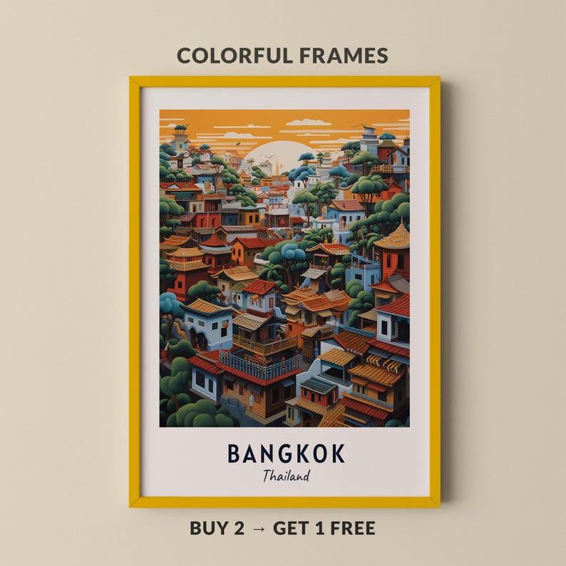Bangkok Travel Poster Thailand Print Wall Art City Print Cityscape Artwork Travel Wall Decor Digital Download Travel Gift image 1