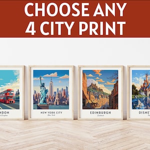 Custom Set of 4 City Prints, Any Place Travel Print, Travel Poster Personalised Gift, Digital Download, Travel Poster, Custom Travel Posters