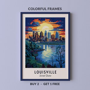 Affiche murale représentant la skyline de Louisville (Kentucky), le reflet de la rivière et un coucher de soleil doré ; poster de voyage américain à télécharger.