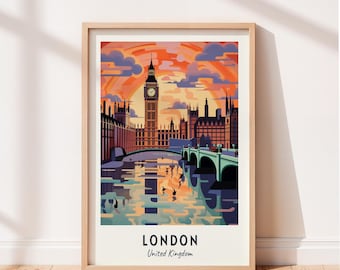 London Travel Poster Big Ben Wall Art United Kingdom Print Cityscape Artwork Travel Wall Decor Digital Download Travel Gift