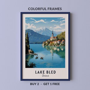 Poster di viaggio sul lago di Bled, Slovenia, stampa artistica da parete, stampa della città, opera d'arte con paesaggio urbano, decorazione da parete da viaggio, download digitale, regalo da viaggio