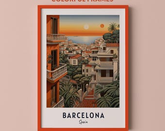 Póster de viaje de Barcelona, España, impresión de arte de pared, impresión de ciudad, paisaje urbano, obra de arte, decoración de pared de viaje, descarga digital, regalo de viaje