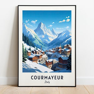 Stampa di viaggio Courmayeur, poster sci Courmayeur, poster sci Italia, download digitale Courmayeur, stampa stazione sciistica