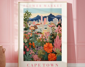 Stampa artistica da parete "Flower Market Cape Town" del Sudafrica, illustrazione floreale, arte botanica da parete, arte da parete di tendenza, poster moderno.
