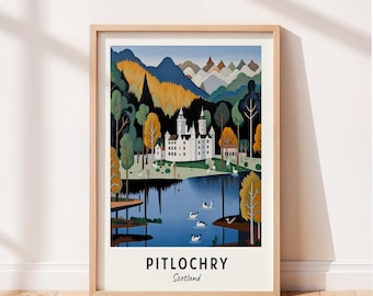 Pitlochry Travel Poster Blair Castle Wall Art Scotland Print Cityscape Artwork Travel Wall Decor Digital Download Travel Gift
