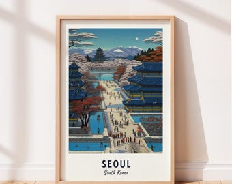Seoul reseaffisch Gyeongbokgung-palatset väggkonst Sydkorea tryck stadslandskap konstverk reseväggdekor digital nedladdning resegåva