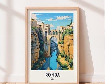 Poster di viaggio Ronda Puente Nuevo Wall Art Spagna Stampa Paesaggio urbano Opera d'arte Decorazione da parete da viaggio Download digitale Regalo da viaggio