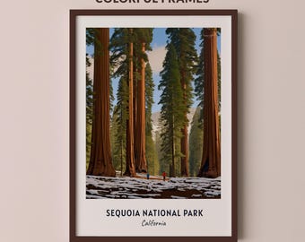 Print van Sequoia National Park in Californië, muurdecoratie met gigantische boomstammen en een bospad, natuurreisposter, printbare digitale download.