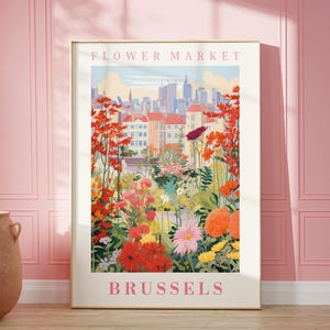 Brussels Flower Market Poster, Wall Decor, Belgium Floral Illustration, Botanical Gallery Wall Art, Gift For Friend, Travel Poster, Modern