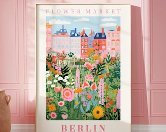 May include: A colourful illustration of a flower market in Berlin, Germany. The image features a row of colourful buildings with a vibrant flower garden in the foreground. The text "FLOWER MARKET" and "BERLIN" are displayed in pink.