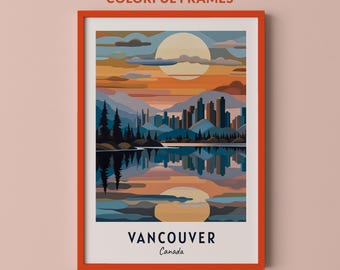 Póster de viaje de Vancouver, Canadá, impresión de arte de pared, impresión de ciudad, paisaje urbano, obra de arte, decoración de pared de viaje, descarga digital, regalo de viaje