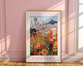 Stampa artistica da parete "Flower Market Cape Town" del Sudafrica, illustrazione floreale, arte botanica da parete, arte da parete di tendenza, poster moderno.