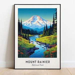 Mont Rainier, impression d'art mural voyage parc national, mont Rainier - impression ville parc national, mont Rainier, cadeau de voyage parc national