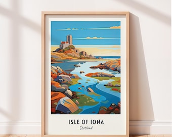 Reseaffisch med Isle of Iona, Iona Abbey, väggkonst, Skottland, stadsbild, konstverk, reseväggdekor, digital nedladdning, resegåva