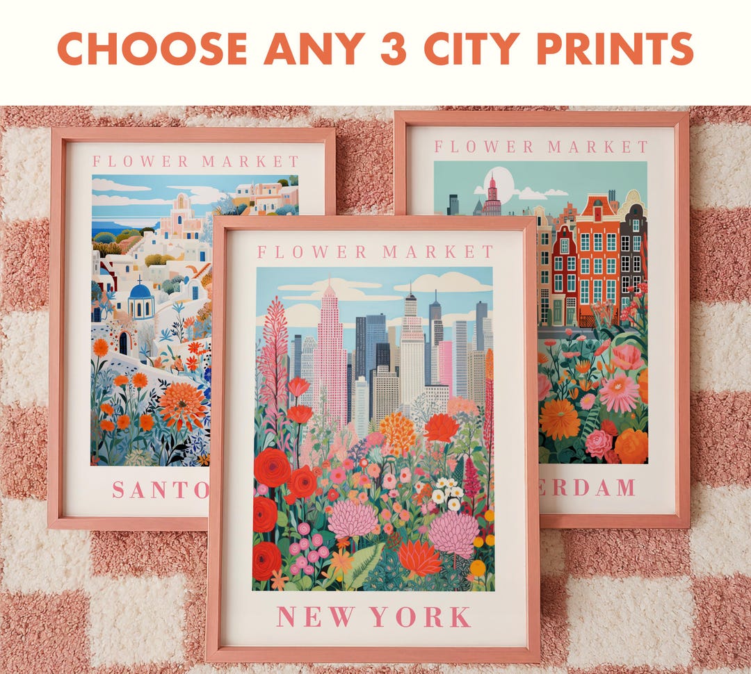 Set of 3 City Flower Market Botanical Prints – Pink Floral Market ...