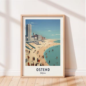 Plakat podróżniczy do Ostendy, plaża i promenada w Ostendzie, sztuka ścienna, Belgia, wydruk miejski, grafika, dekoracja ścienna, podróż, cyfrowe pobieranie, prezent podróżny