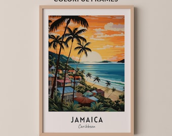 Jamaica Beach Sunset Print, Caribbean Coastal Ocean Wall Art, Tropical Palm Tree Travel Poster, Printable Digital Download