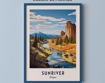 Sunriver Oregon Nature Landscape Print, Rocky River and Pine Forest Wall Art, Travel Poster, Printable Digital Download