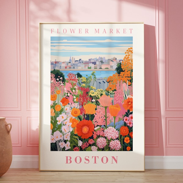 Bloemenmarkt Boston print muurkunst Massachusetts bloemen illustratie botanische muur kunst trendy muur kunst moderne poster