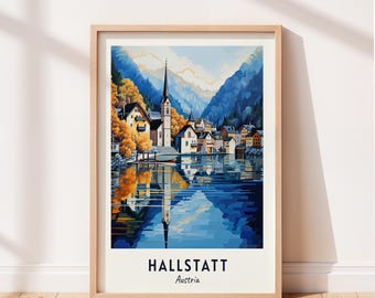 Hallstatt reseaffisch Österrike Hallstatt Hallstatt affisch väggkonst Österrike tryck stadsbild konstverk reseväggdekor digital nedladdning