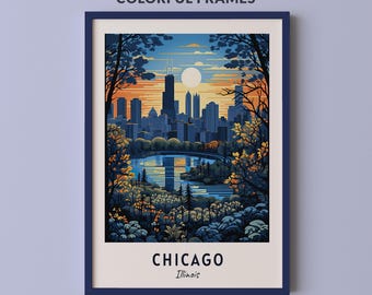 Chicago Travel Poster Illinois Print Wall Art City Print Cityscape Artwork Travel Wall Decor Digitale Download Reiscadeau