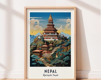 Nepal Travel Poster Nepal Nyatapola Temple Wall Art Nyatapola Temple Print Cityscape Artwork Travel Wall Decor Digital Download Travel Gift