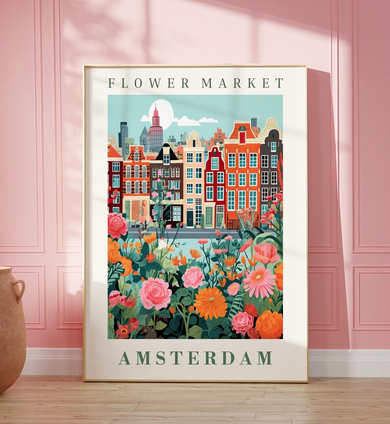 Flower Market Amsterdam Print Wall Art Netherlands Floral Illustration ...