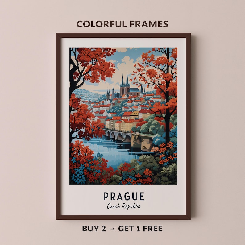 Cartaz de viagem de Praga, República Tcheca, impressão, arte de parede, impressão de cidade, paisagem urbana, arte de viagem, decoração de parede, download digital, presente de viagem imagem 1