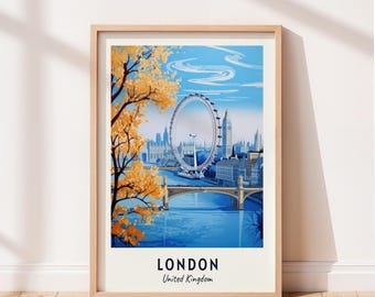 London Travel Poster London Eye London Wall Art United Kingdom Print Cityscape Artwork Travel Wall Decor Digital Download Travel Gift